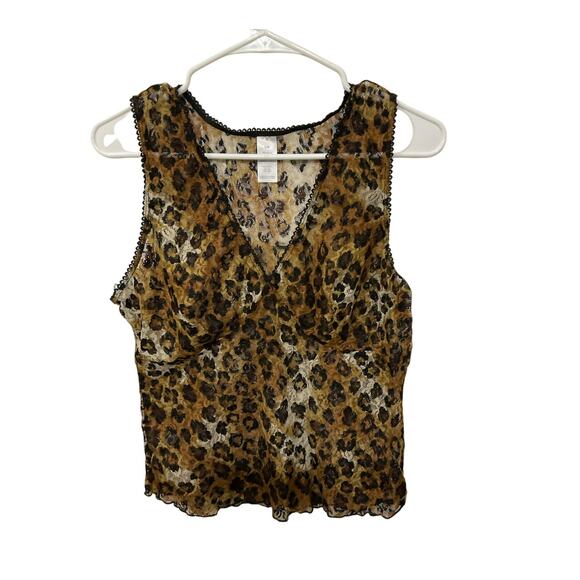 VTG Y2K V-Neck Sheer Lace Animal Print Cheetah Sleeveless Tank Top Sz Large - Picture 1 of 6